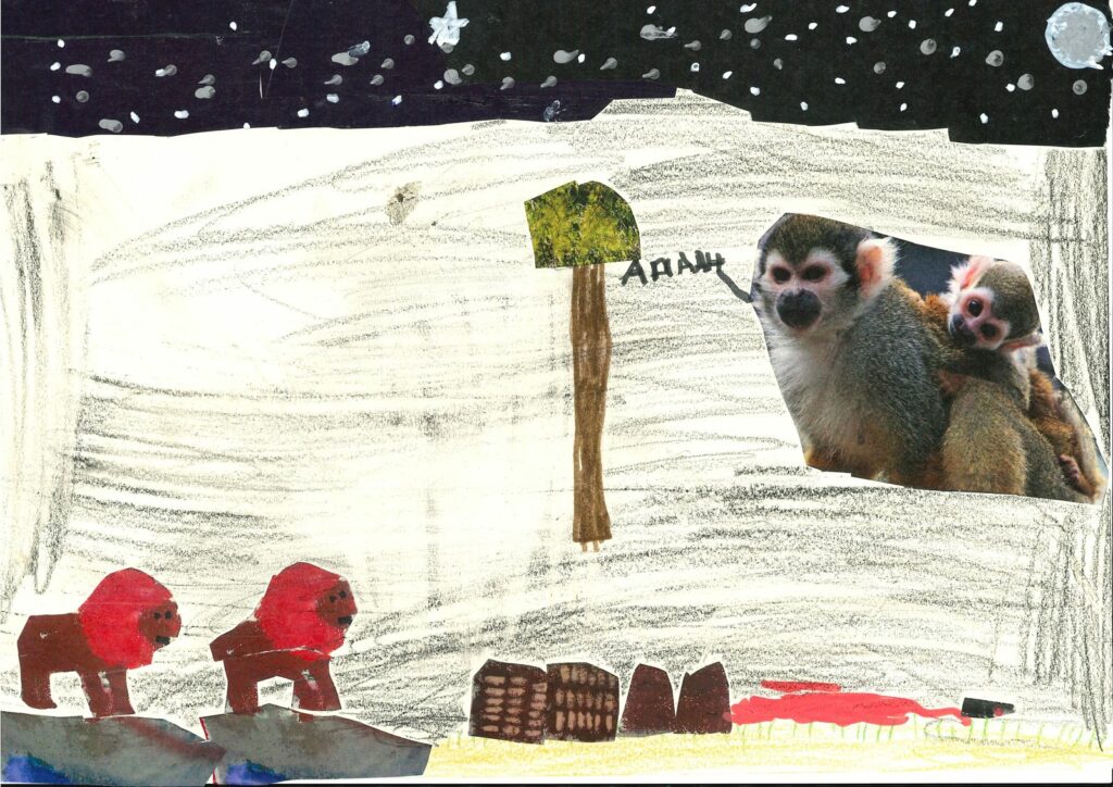 Moaz ha preso i leoni dal murales esterno alla scuola Bodio per costruire una piccola foresta nel suo cortile.