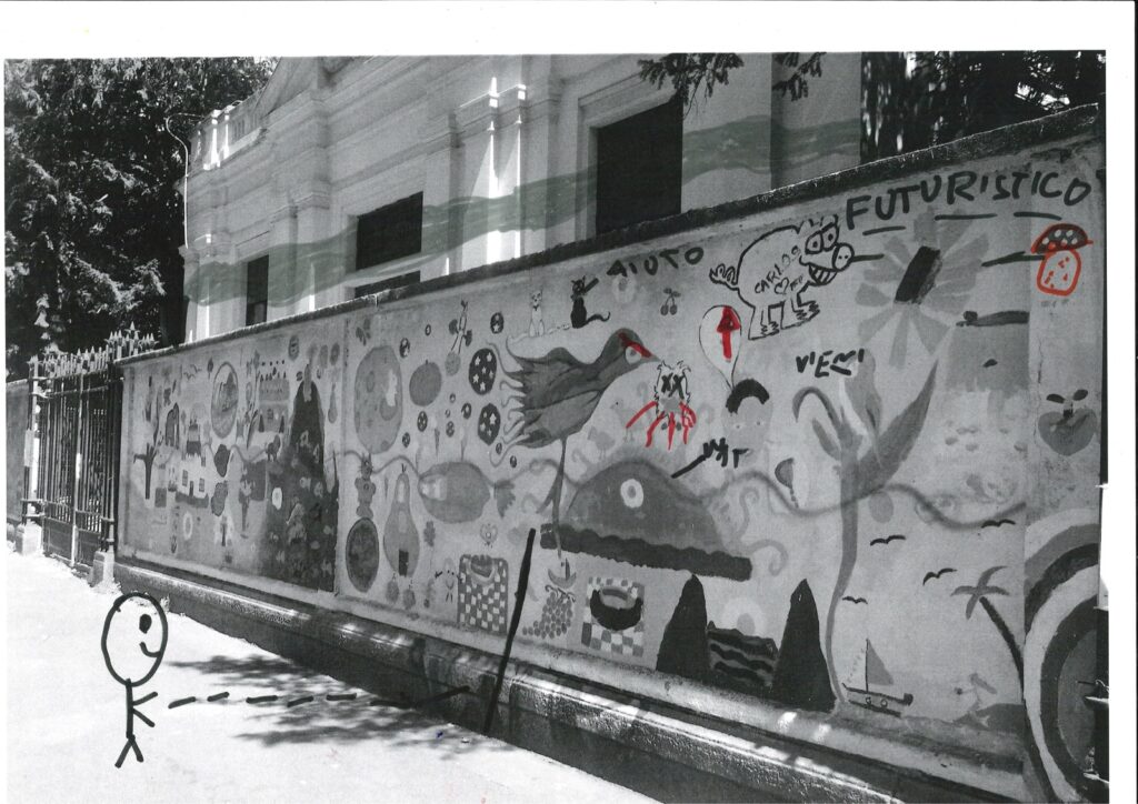 Moaz parte dal murales esterno alla scuola Bodio e immagina un treno futuritisco, pieno di animali.