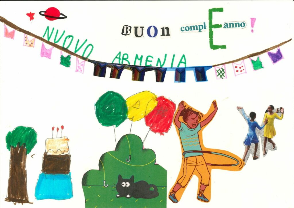 Mohamed immagina Nuovo Armenia in festa. Partendo dalle bandierine sempre appese in cascina, ha immaginato una grande festa di compleanno.