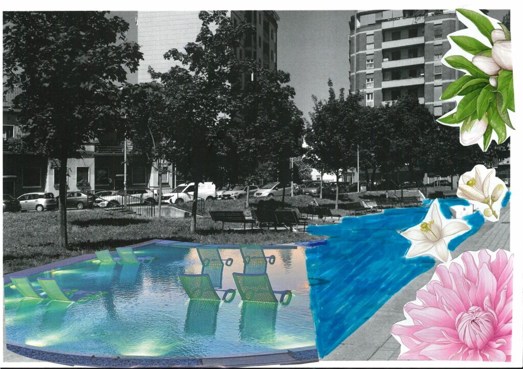 Piazza Schiavone immaginata dai bambini è piena di fiori enormi su una grande piscina.